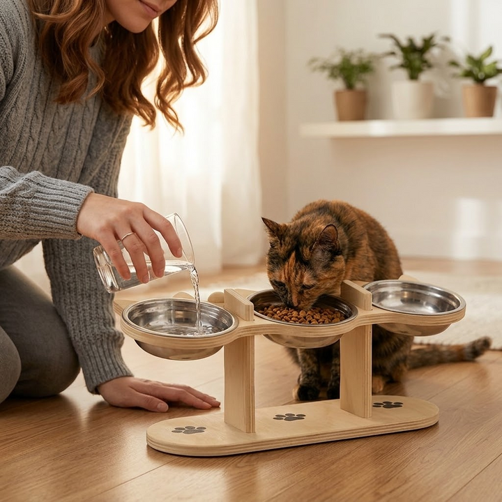 PawNest – Drewniana stacja karmienia dla zwierząt z 3 miseczkami