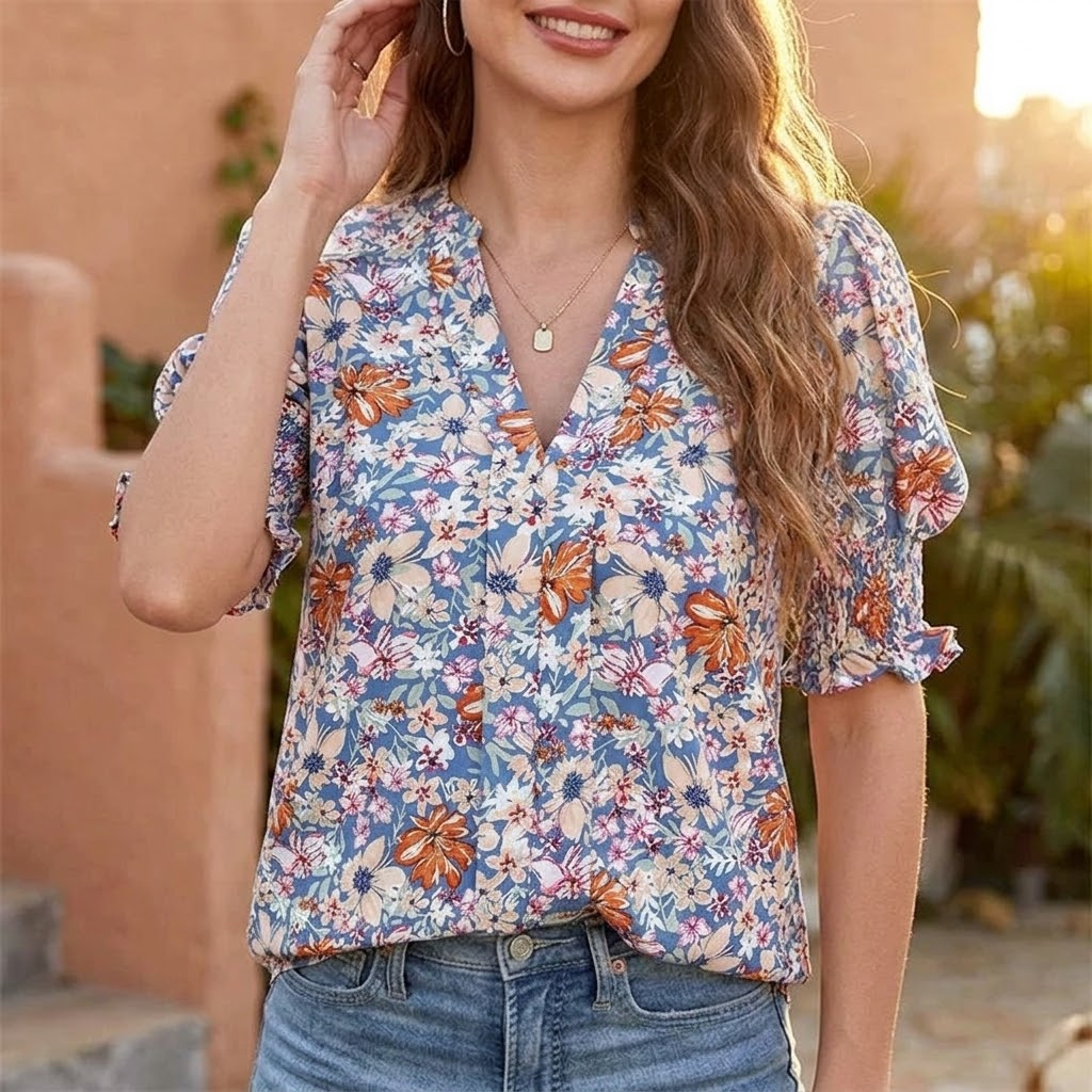 Florenza – Bluzka damska z kwiatowym nadrukiem, puff sleeves i dekoltem w serek