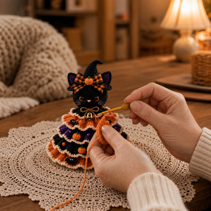 Hallowstitch – Warstwowy Szydełkowy Kot Czarownica na Halloween