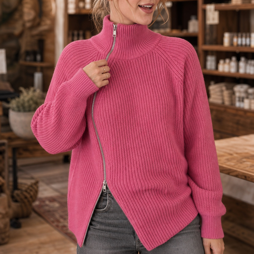 Wearbella – Asymetryczny Sweter z Zipperem i Żebrowanym Wzorem