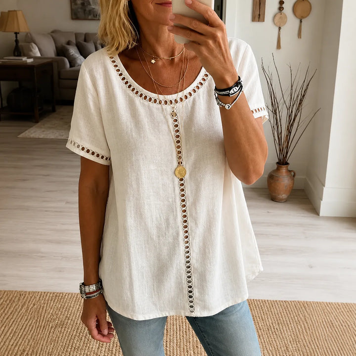 Marellia – Boho Tunika z Otworami dla Kobiet, Luźny Krój, Krótki Rękaw, Letnia Bluzka