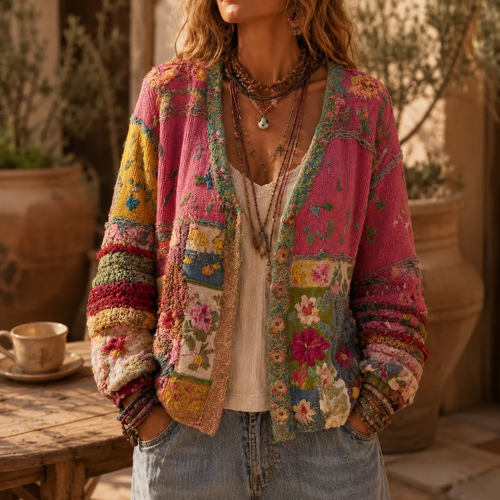 Solenne – Kwiatowy Kardigan Boho w Stylu Patchwork