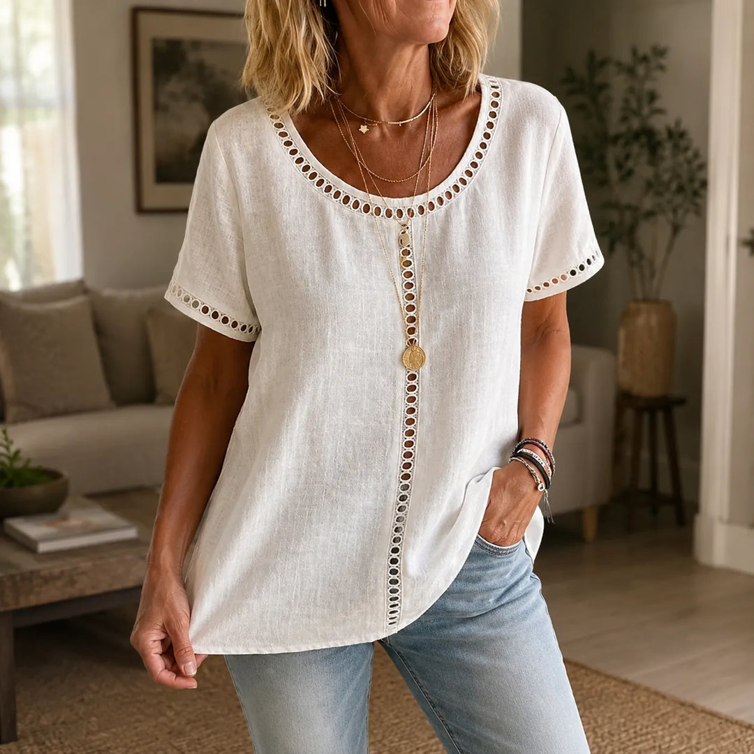 Marellia – Boho Tunika z Otworami dla Kobiet, Luźny Krój, Krótki Rękaw, Letnia Bluzka