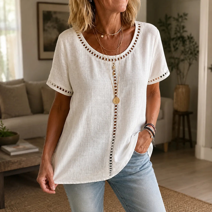 Marellia – Boho Tunika z Otworami dla Kobiet, Luźny Krój, Krótki Rękaw, Letnia Bluzka