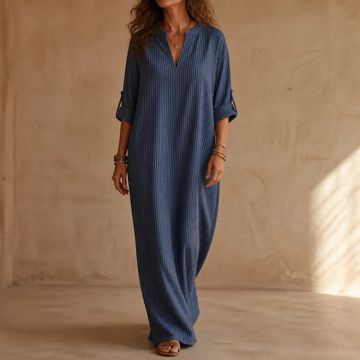 Vestara – Boho Paski V-Neck Maxi Sukienka z Kieszeniami, Długie Rękawy, Świeża, Nienaściśliwa Tkanina