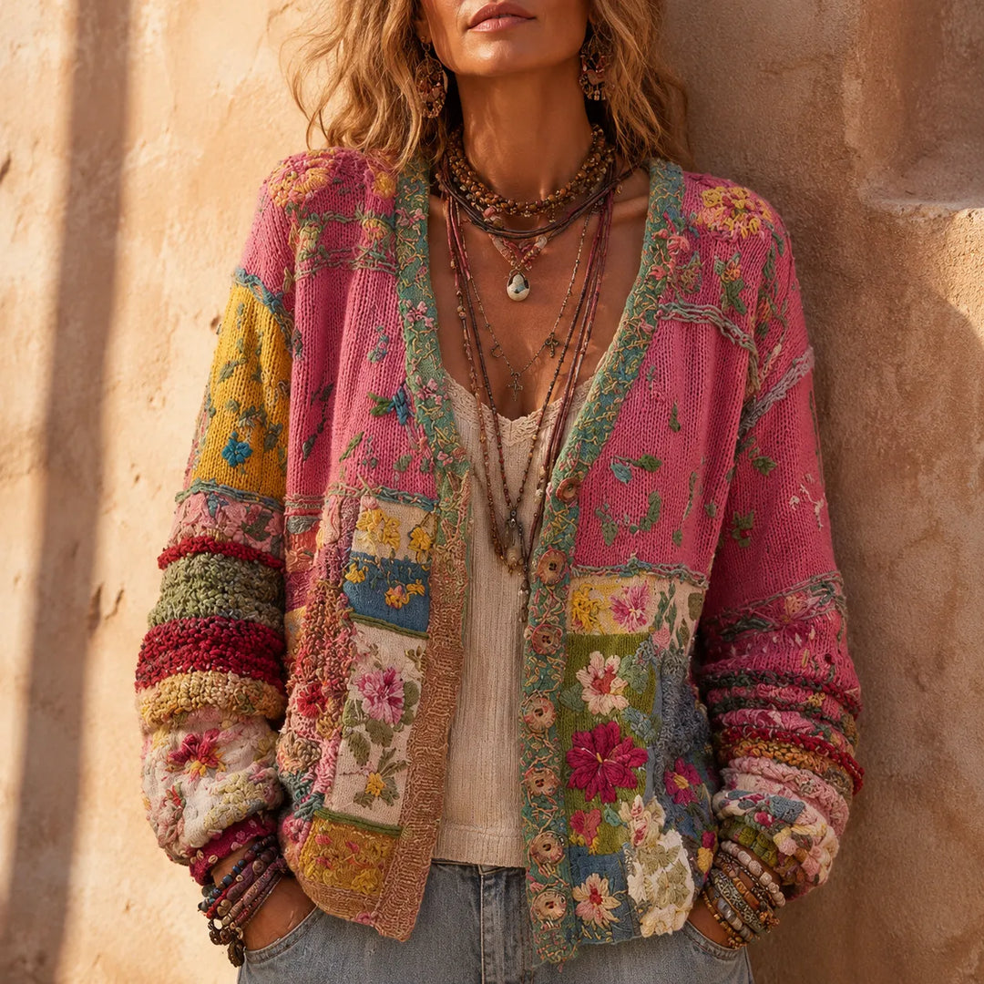 Solenne – Kwiatowy Kardigan Boho w Stylu Patchwork