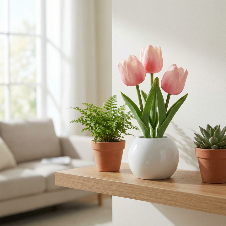 Bloomora – Lampa LED w kształcie tulipana z ceramiczną wazonem