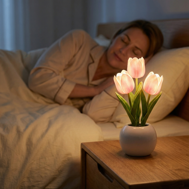 Bloomora – Lampa LED w kształcie tulipana z ceramiczną wazonem
