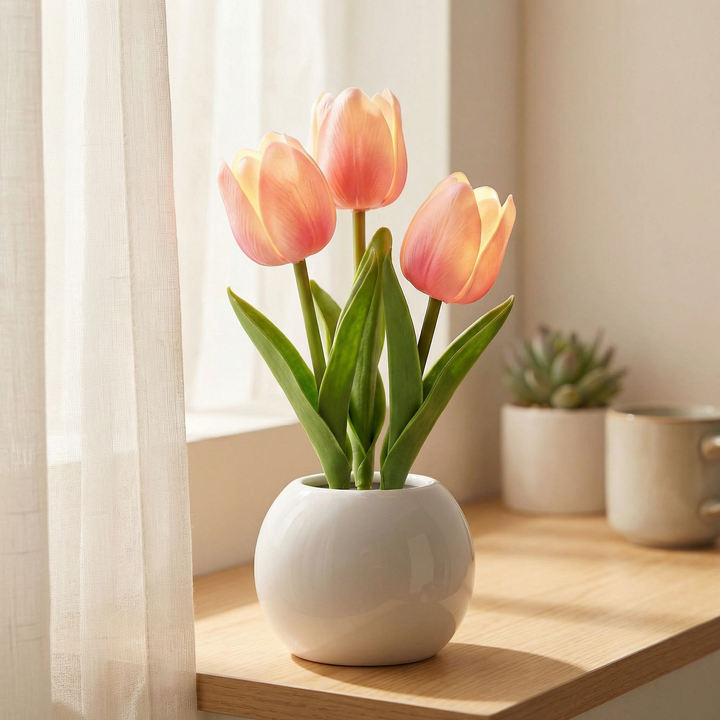 Bloomora – Lampa LED w kształcie tulipana z ceramiczną wazonem
