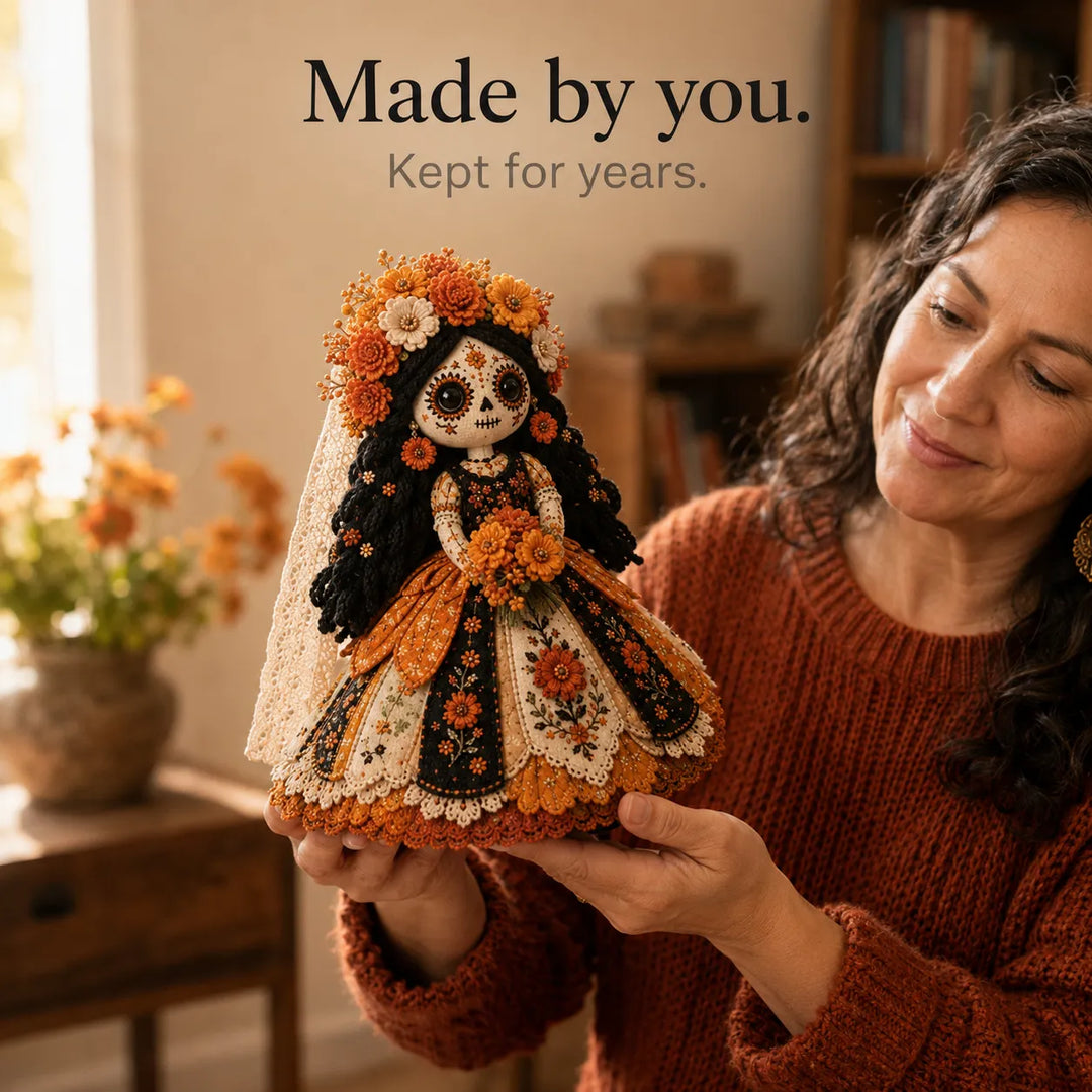 Stitch &amp; Story – Zestaw do tworzenia lalki patchworkowej na Dzień Zmarłych dla początkujących