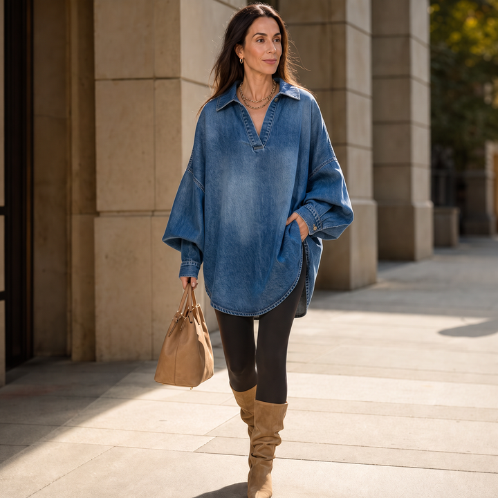 Denimelle – Tunika z denimu z miękkim praniem i rękawami typu batwing