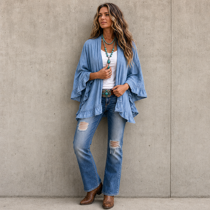 Ruffledenim – Kardigan z wykończeniem falbaną w stylu dżinsowym, otwarty z przodu