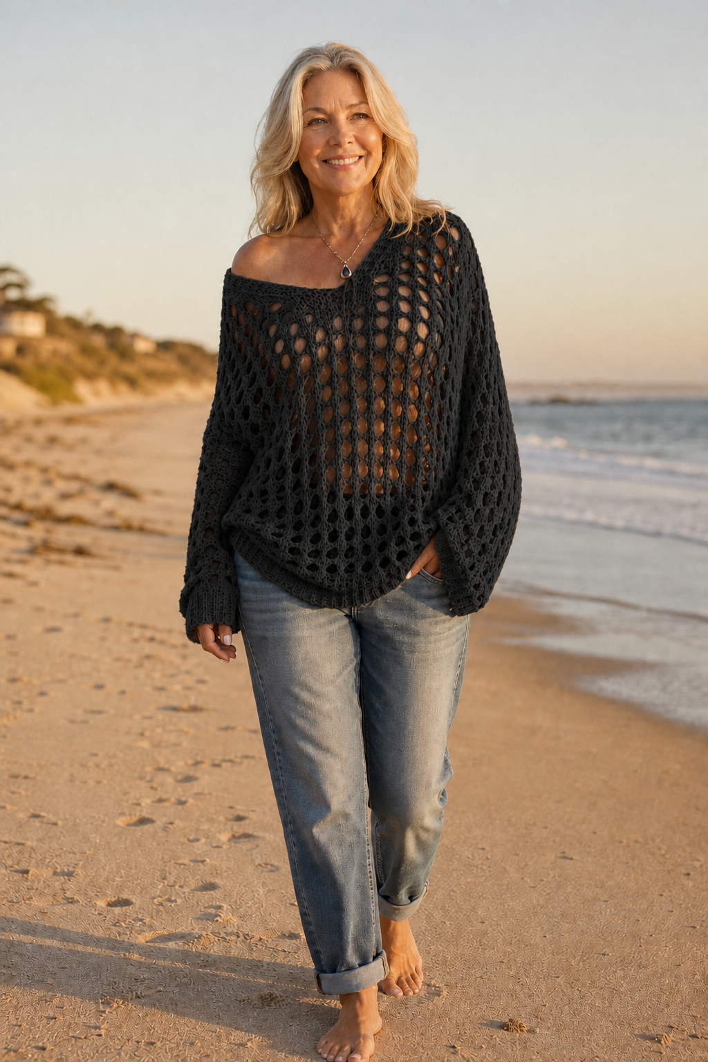 Sunlace – Sweter Oversize z Otwartych Splotów na Ramię