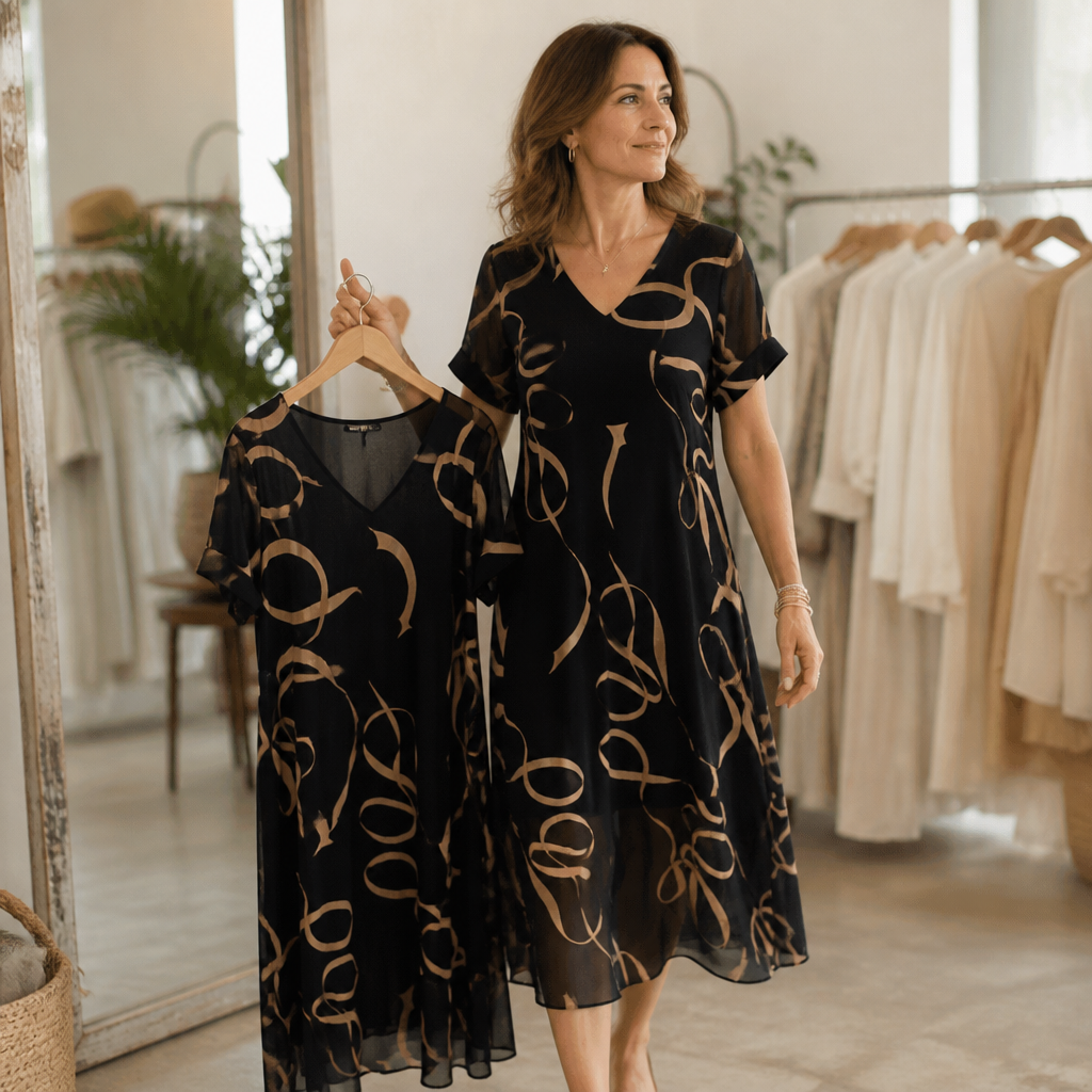 Draperie – Sukienka Maxi z Dekoltem w Serek, Luźna, Nigdy Niezbyt Obcisła