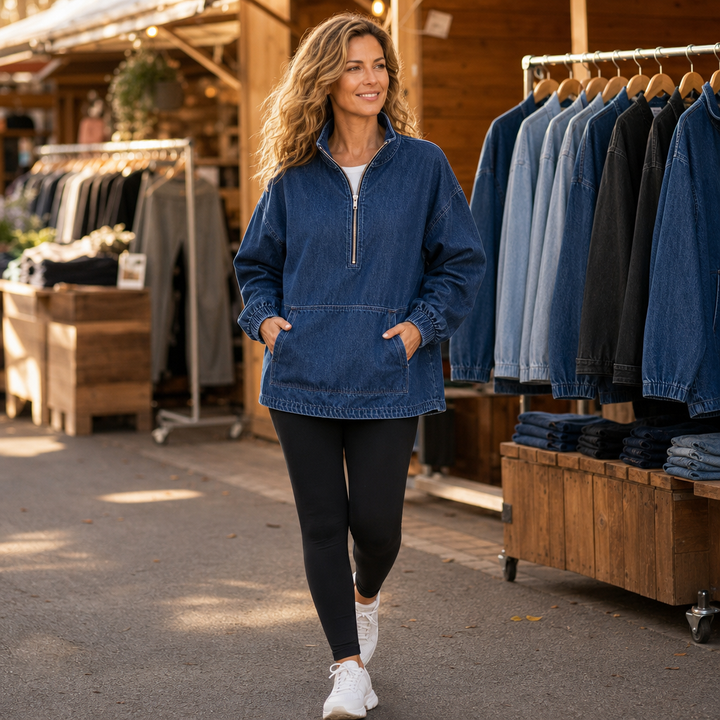 Half-Zip Haven – Pulower z połową zamka w wyglądzie prania dżinsu