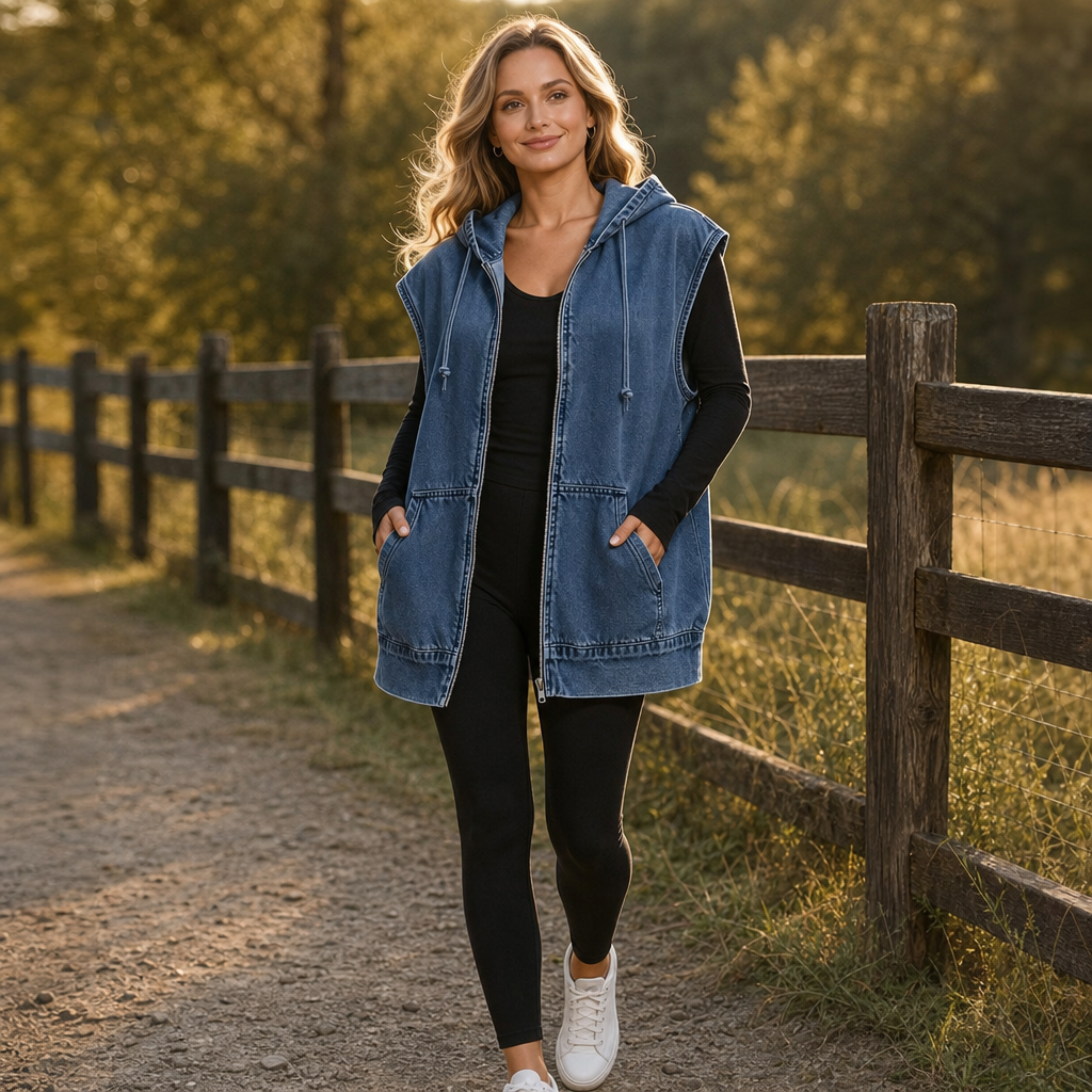 Wearbella – Oversized Kamizelka z Kapturem w Stylu Dżinsowym