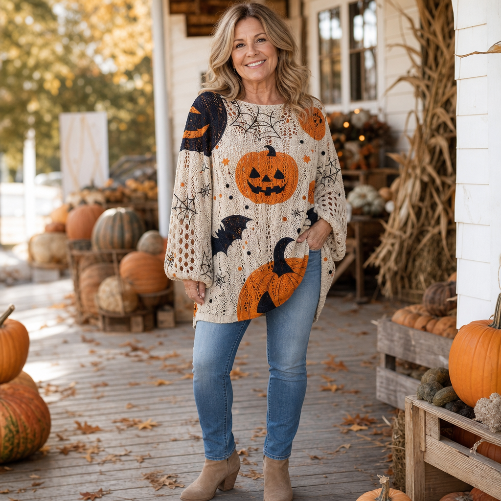 Harvestknit – Sweter z intarsjami w dynie i nietoperze