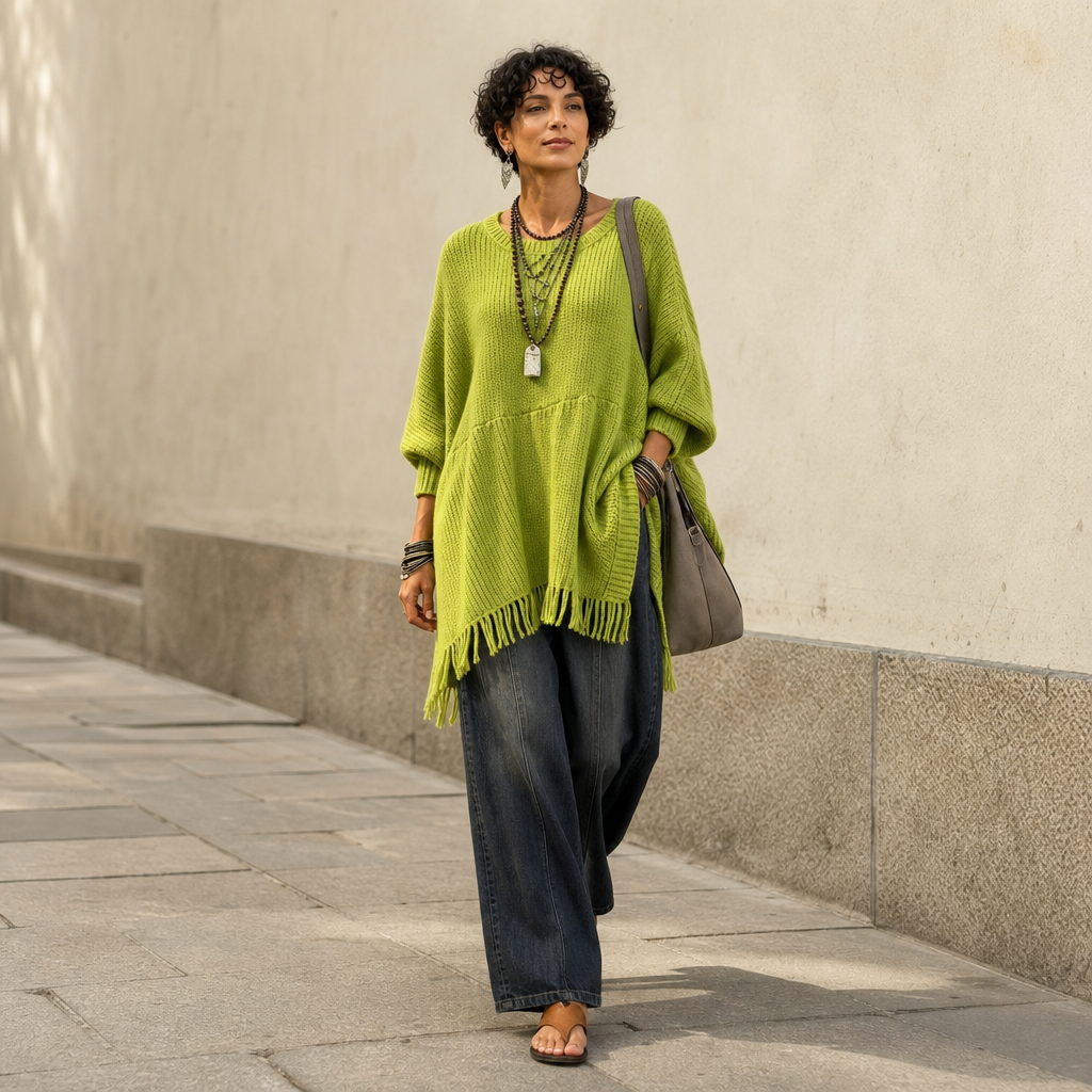Limehaven – Teksturowany Poncho z Frędzlami i Rękawami Batwing