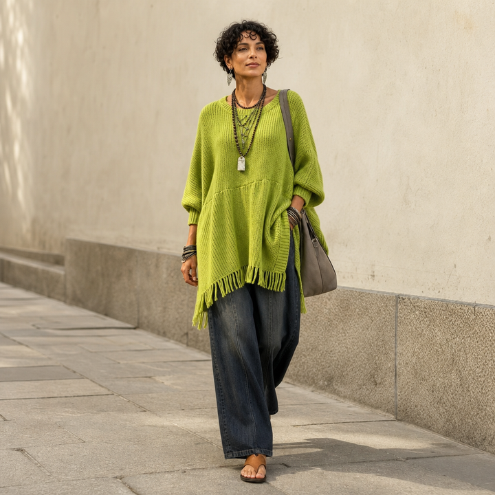 Limehaven – Teksturowany Poncho z Frędzlami i Rękawami Batwing