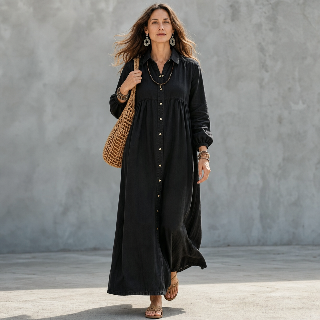 Linalle – Sukienka maxi z przodu na guziki w stylu lnianym