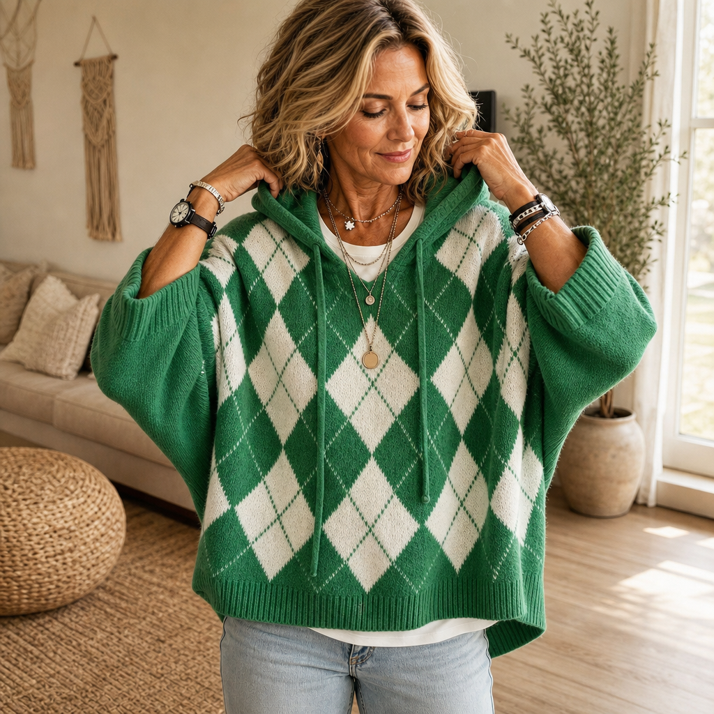 Wrapbella – Sweter Poncho z Kapturem w Wzór Argyle