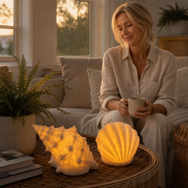Coastal Glow Co. – Zestaw ceramicznych lamp w kształcie muszli i konchy