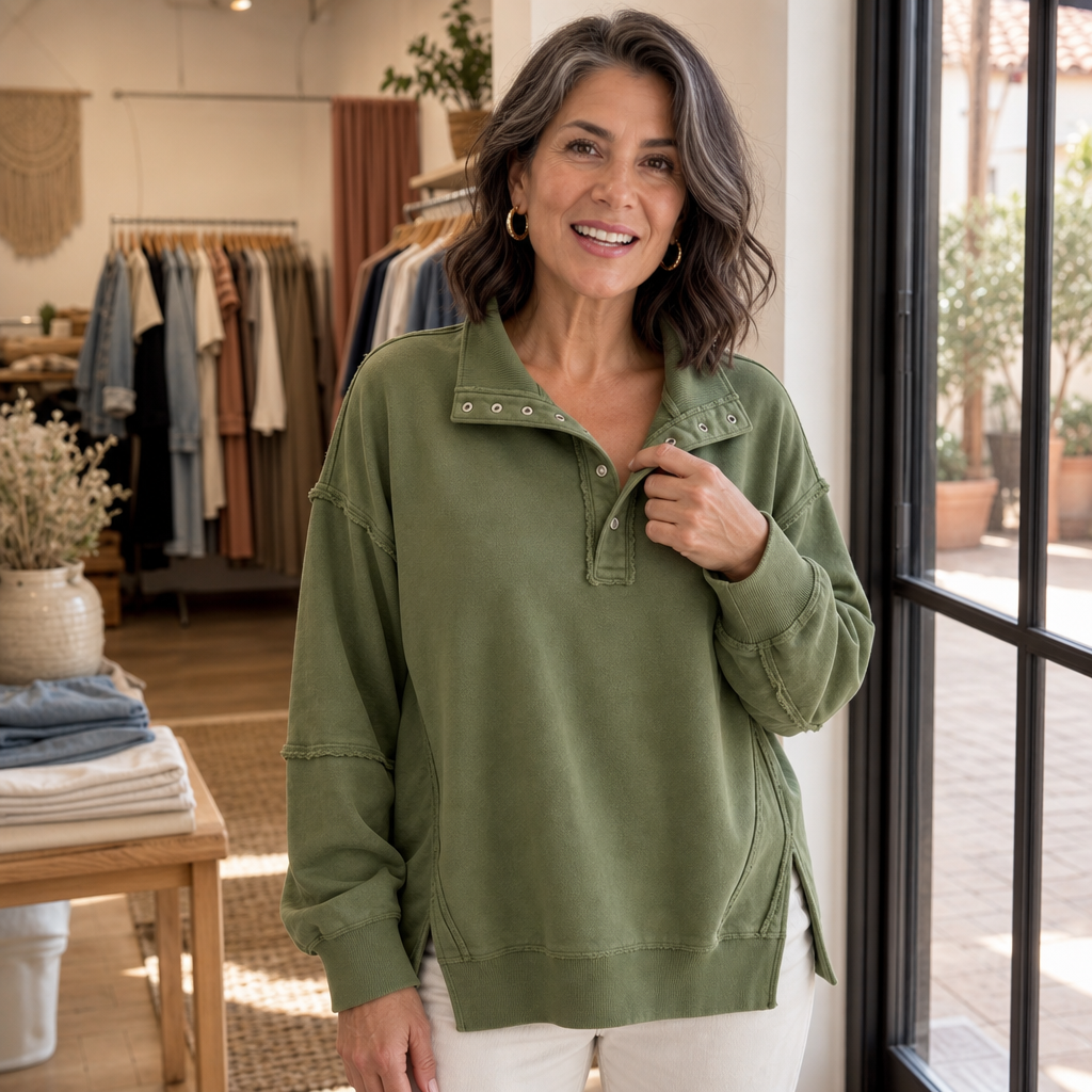 Draperie – Koszulka Henley z Suwakiem i Surowymi Krawędziami