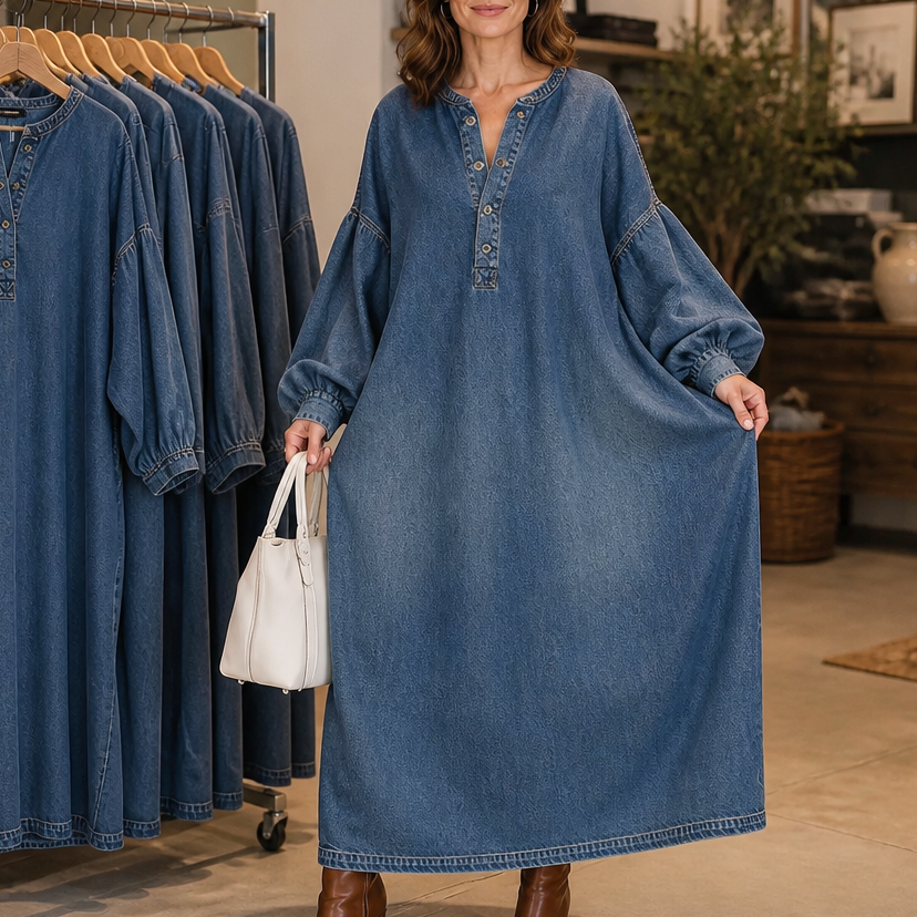 Denara – Sukienka maxi z denimu z lanternowymi rękawami i półguzikami
