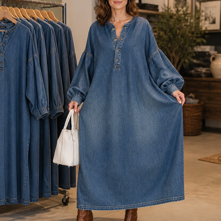 Denara – Sukienka maxi z denimu z lanternowymi rękawami i półguzikami
