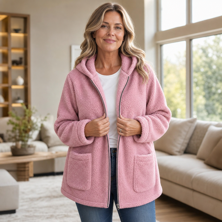 Cozelle – Pluszowa Kurtka z Kapturem w Rozmiarze Oversized z Zapięciem na Zamek
