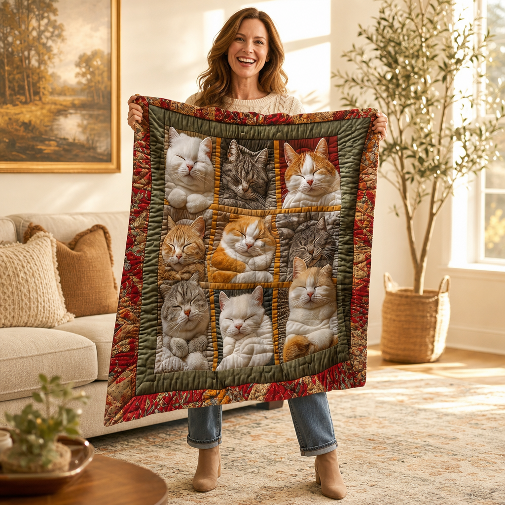 Purrfecto – Odwracalny koc flanelowy z dziewięcioma śpiącymi kotami