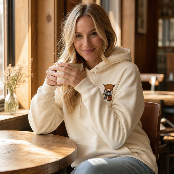 Highland Hearth – Bluza z kapturem z polarem w środku z grafiką Highland Cow