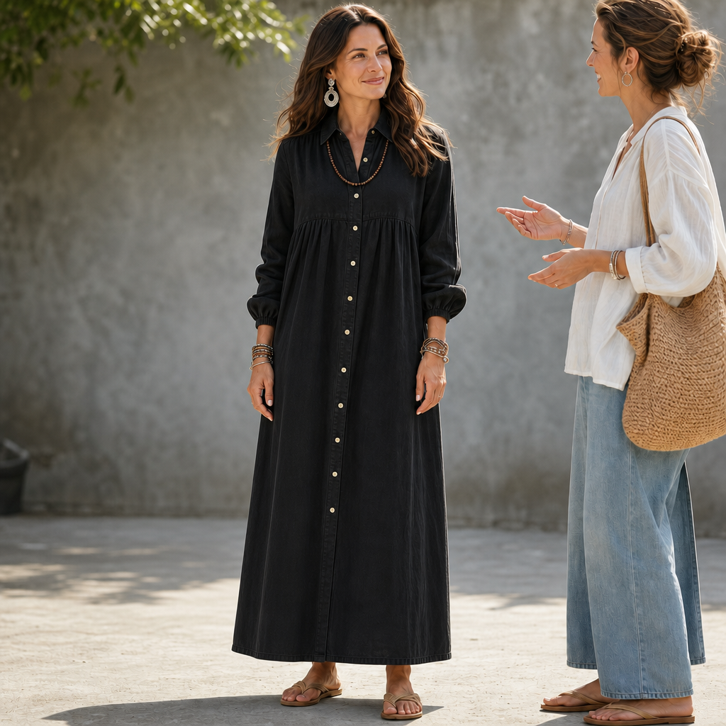 Linalle – Sukienka maxi z przodu na guziki w stylu lnianym