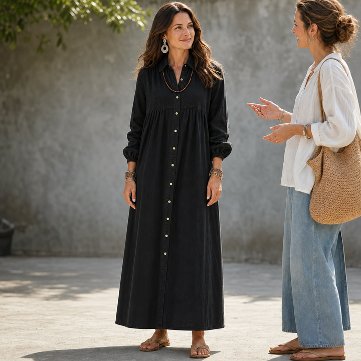 Linalle – Sukienka maxi z przodu na guziki w stylu lnianym