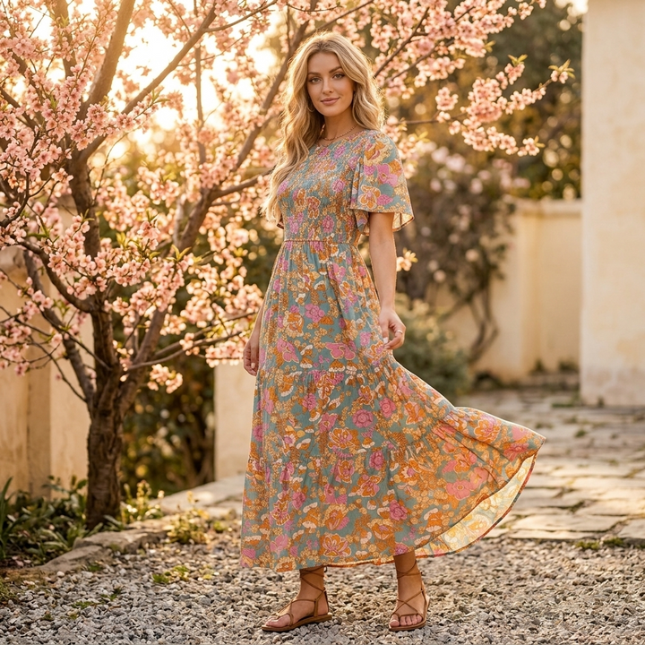 Florenza – Sukienka maxi w kwiaty z marszczeniem na wiosnę