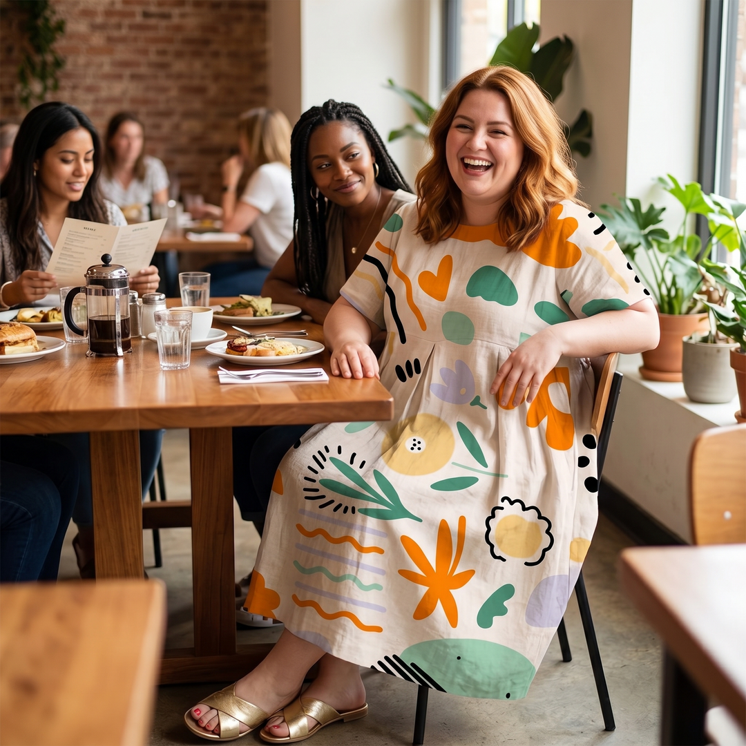 Luna – Midi sukienka w rozmiarze plus-size z artystycznym nadrukiem