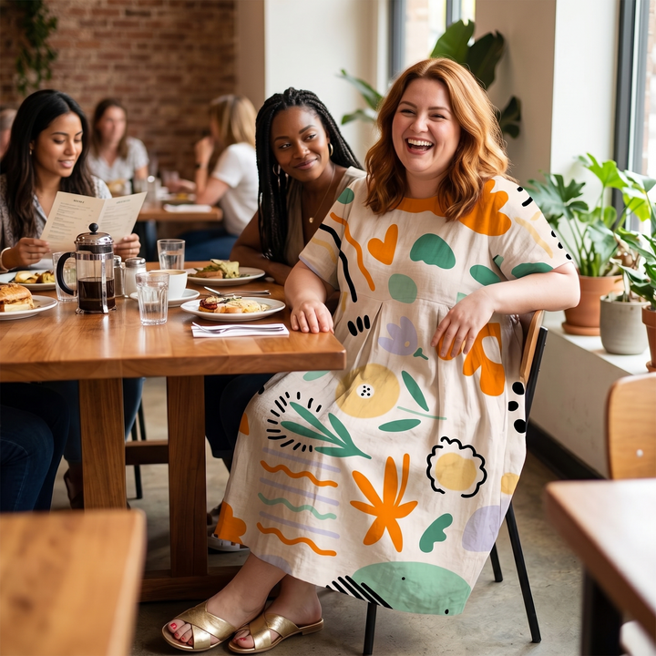 Luna – Midi sukienka w rozmiarze plus-size z artystycznym nadrukiem