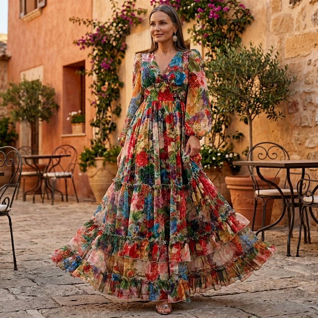 Floressa – Damska sukienka maxi w kwiaty z falbanami i rękawami lampionowymi