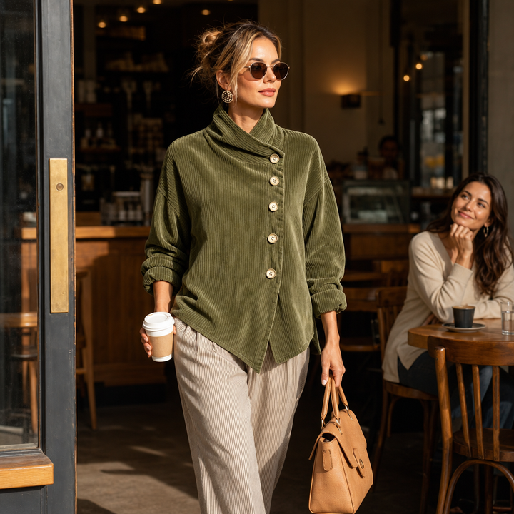 Wearbella – Asymetryczny top z kołnierzem typu funnel i guzikami z korduroyu
