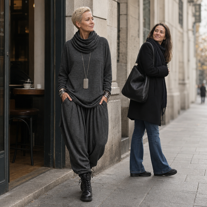 Pinstripe Poise – Zestaw z Drapowanym Topem z Wysokim Dekoltem i Spodniami w Kształcie Latarni