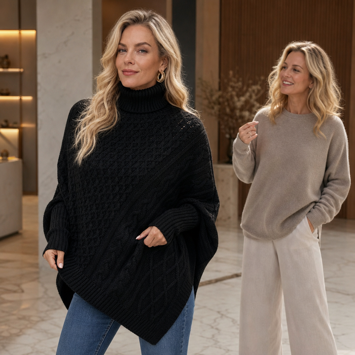 Cabelune – Sweter Poncho z Warkoczem w Stylu Asymetrycznym
