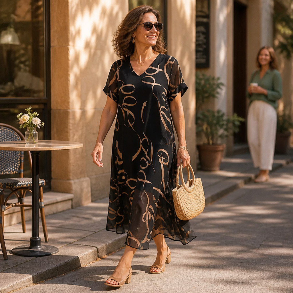 Draperie – Sukienka Maxi z Dekoltem w Serek, Luźna, Nigdy Niezbyt Obcisła