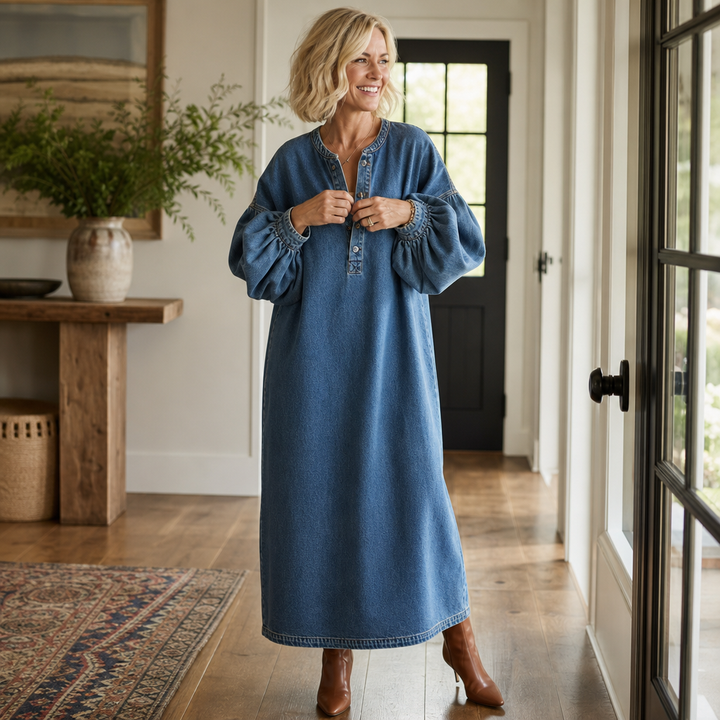 Denimelle – Długa sukienka maxi w stylu dżinsowym z długim rękawem