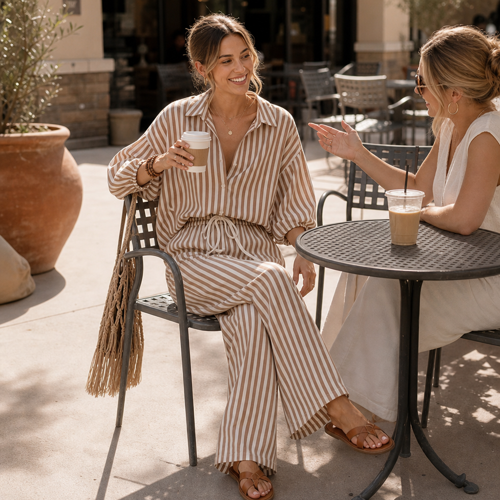Wearbella – Dwuczęściowy zestaw z paskami i rękawami lampionowymi