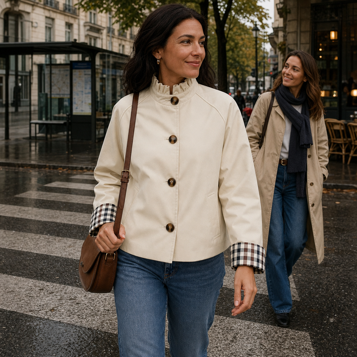 Kurtka Trench Cuff &amp; Collar – Krótka kurtka z falbanami i kołnierzem w kratę