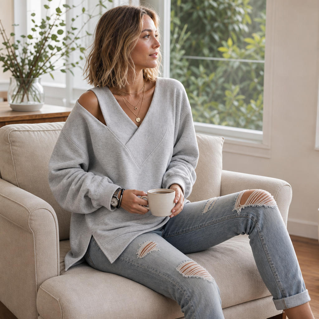 Slouvia – Asymetryczna Bluza z Wycięciem na Ramieniu w Oversize