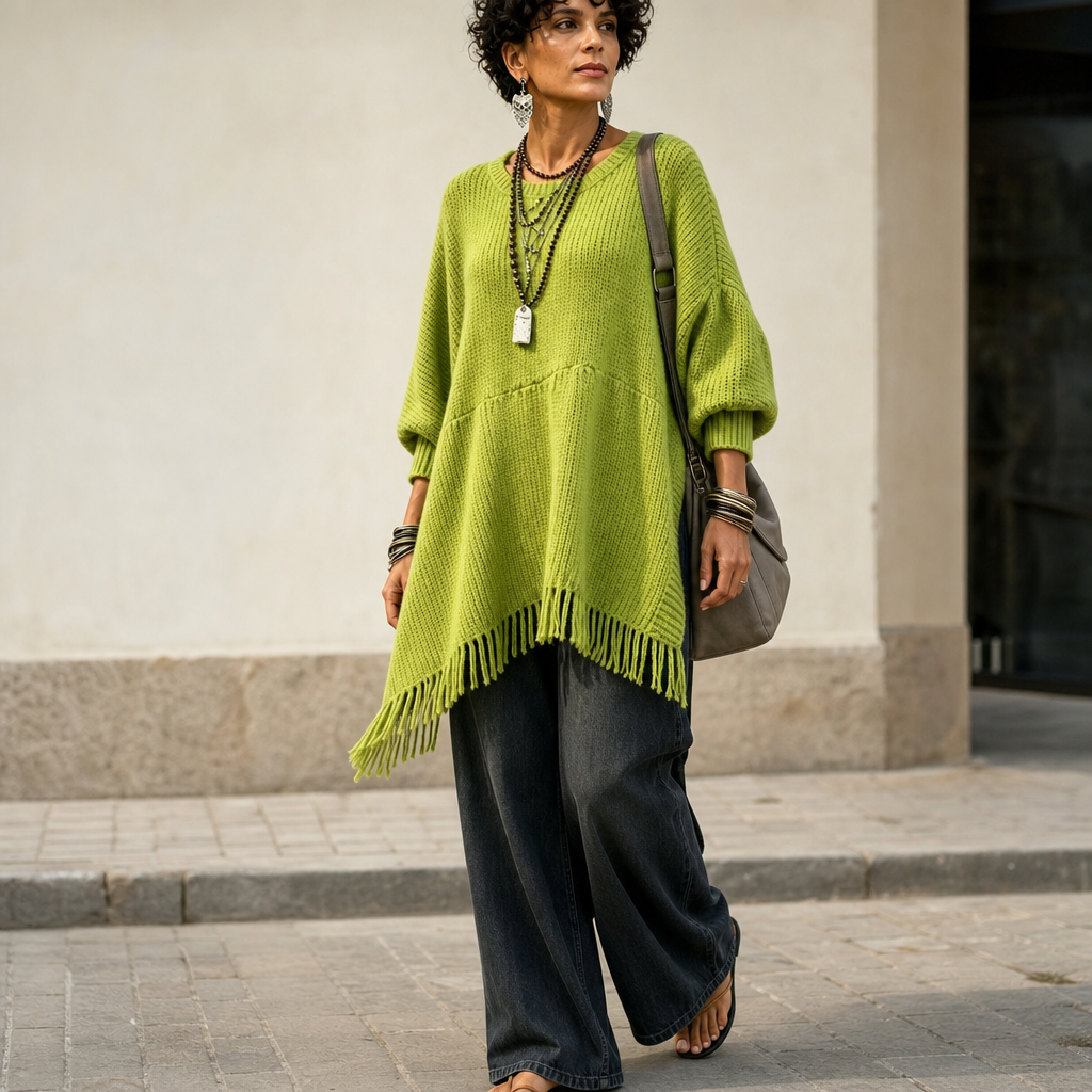 Limehaven – Teksturowany Poncho z Frędzlami i Rękawami Batwing