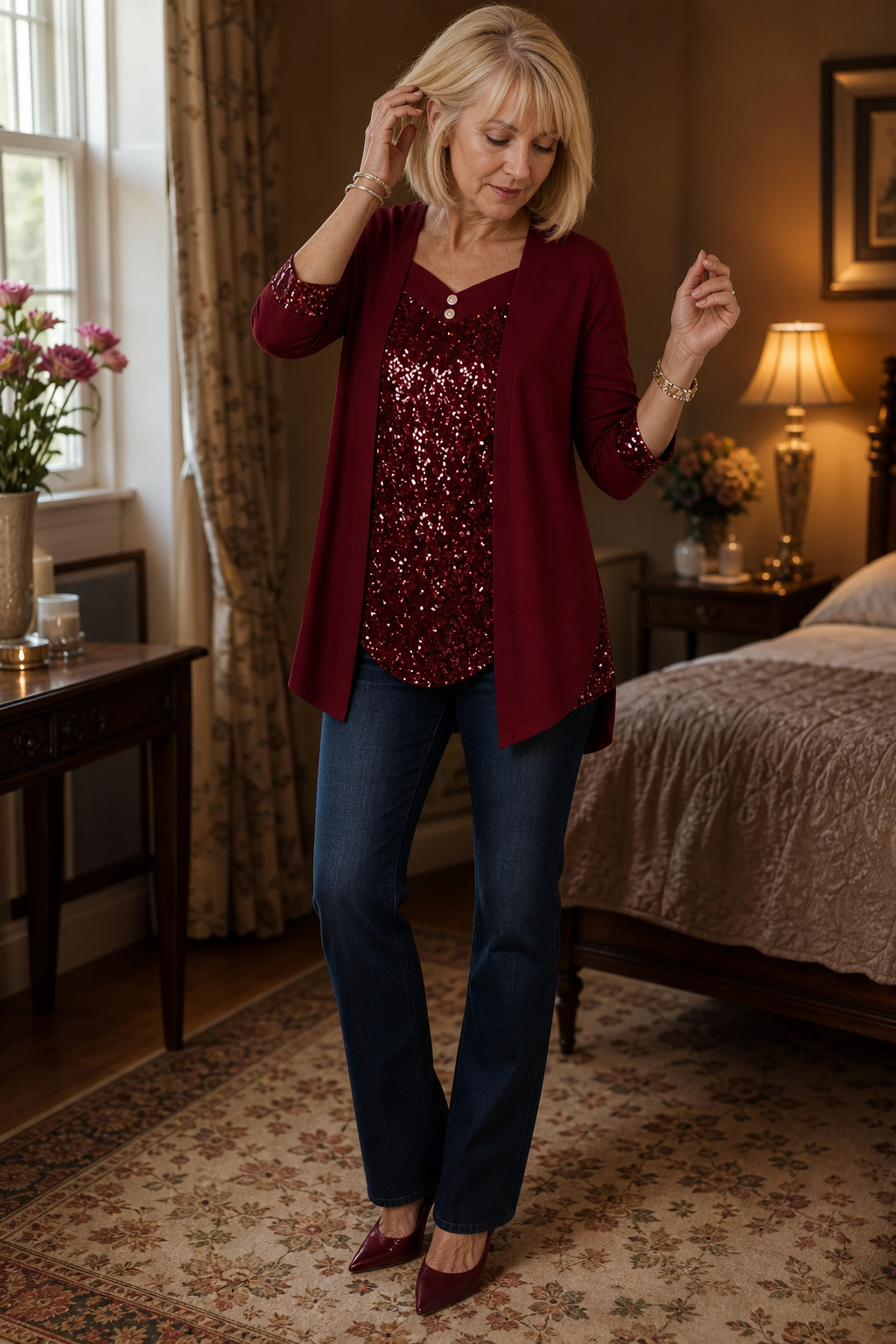 Veluxe Duo – Wieczorowy top z cekinowym przodem w stylu mock-layer