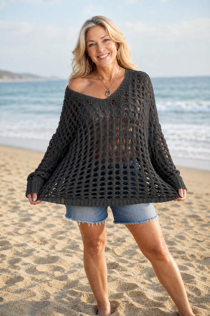 Sunlace – Sweter Oversize z Otwartych Splotów na Ramię