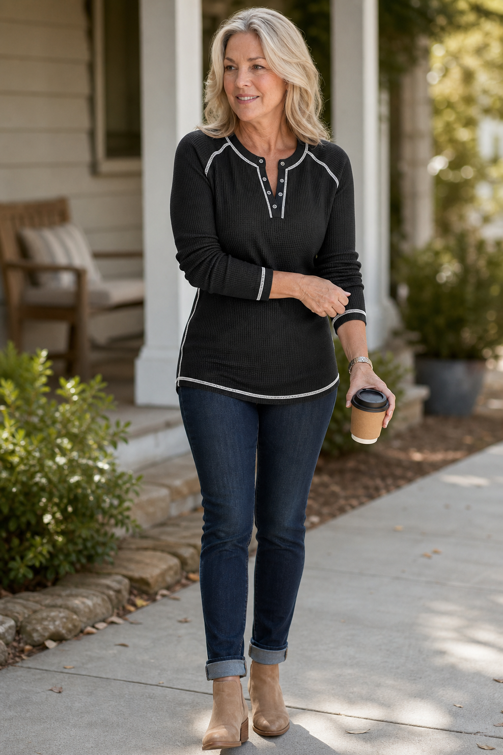 Wearbella – Top Henley z Waffle Knit i Kontrastowymi Szwami